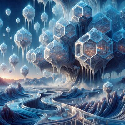 The primary subject of the image is a large, intricate, and colorful sculpture made of crystals. The sculpture is set against a backdrop of a blue sky, which adds to the overall atmosphere of the scene. The visual style of the image is digital art, as it appears to be a computer-generated or digitally rendered creation. The colors and mood of the image are vibrant and lively, with the blue hues of the sky and the crystals creating a sense of wonder and imagination.